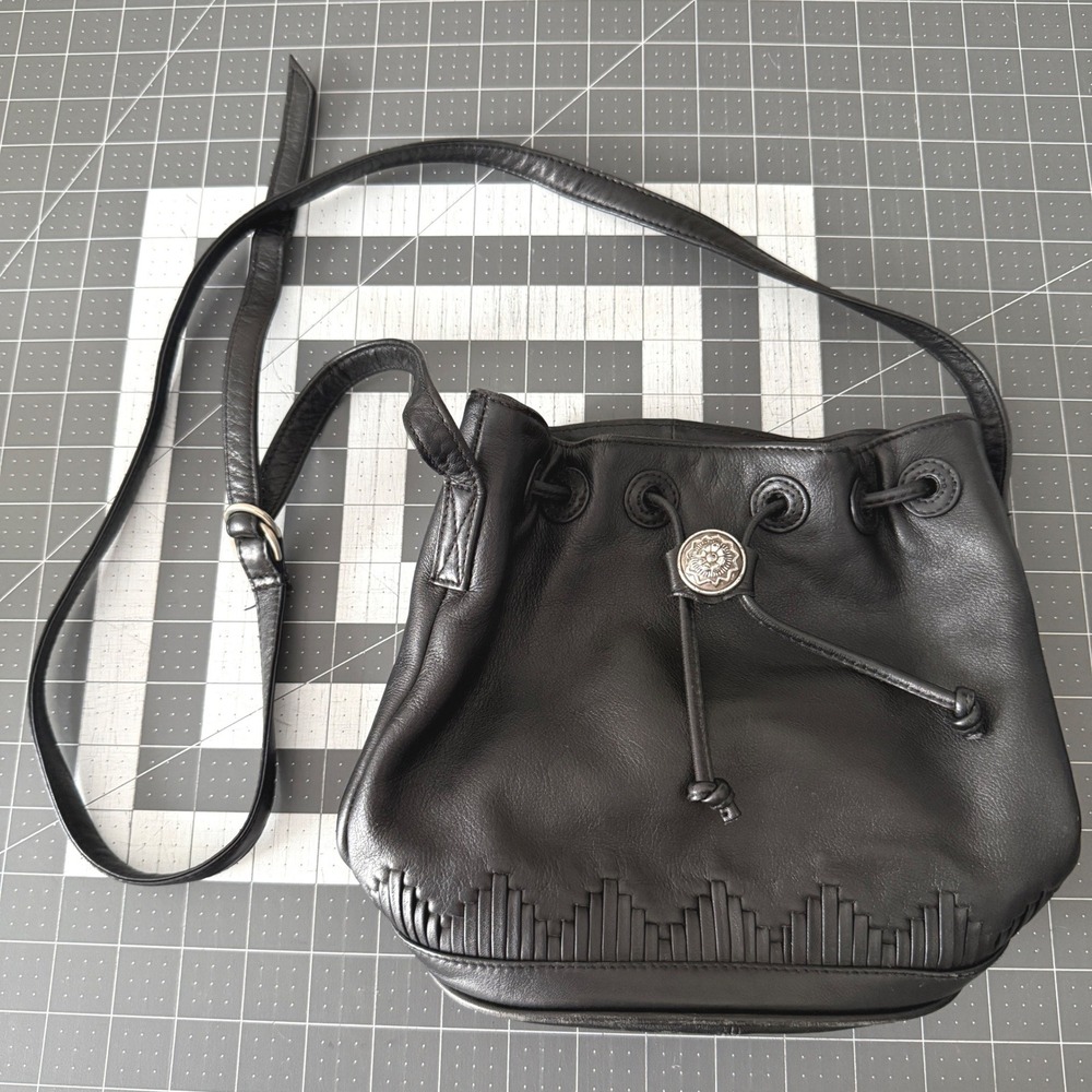 Western Boho Country Black Leather Drawstring Bucket Bag Silver Medallion Indie